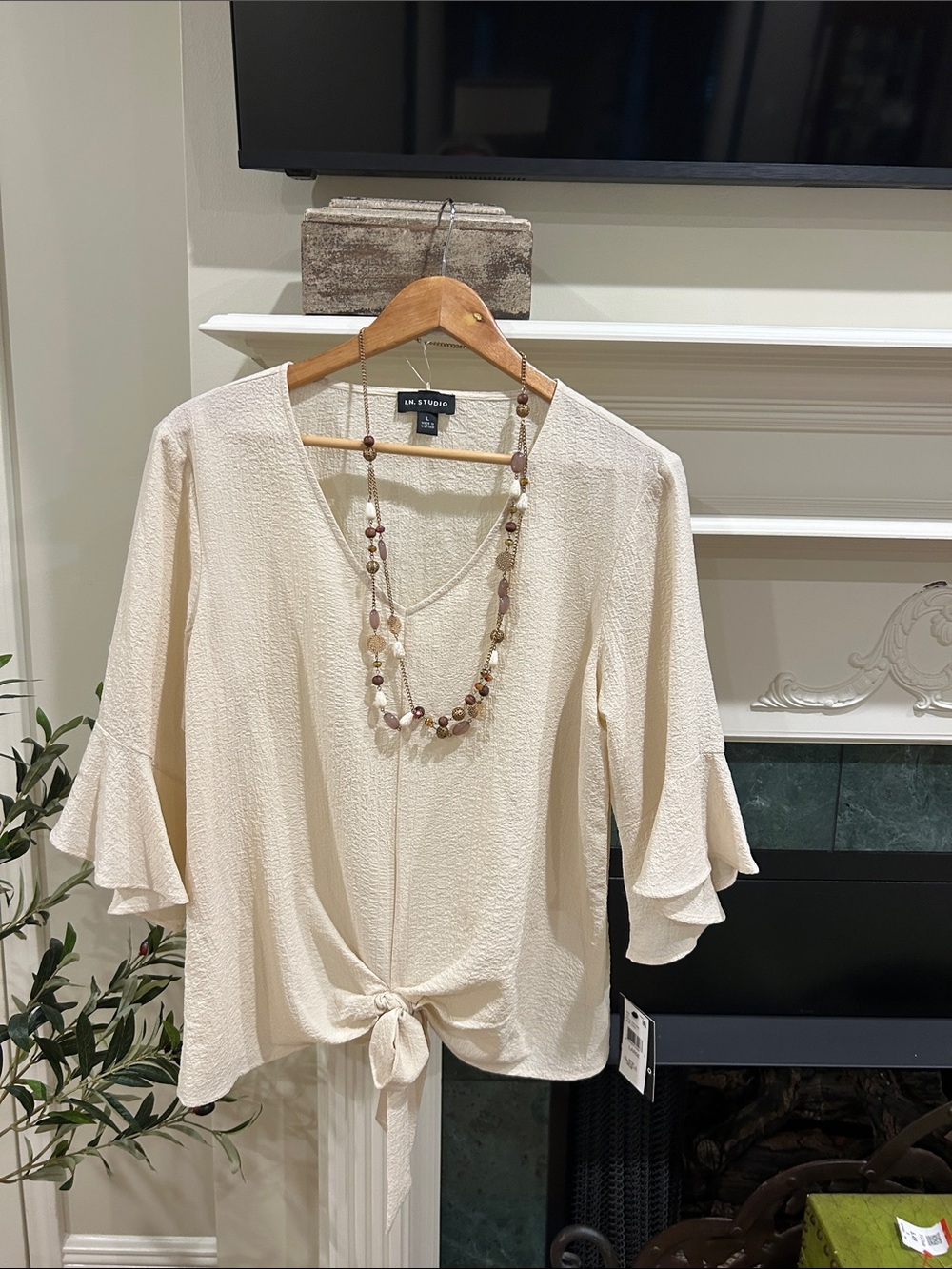 I.N. Studio Cream Tie-Front V-Neck Blouse with Ruffled Sleeves